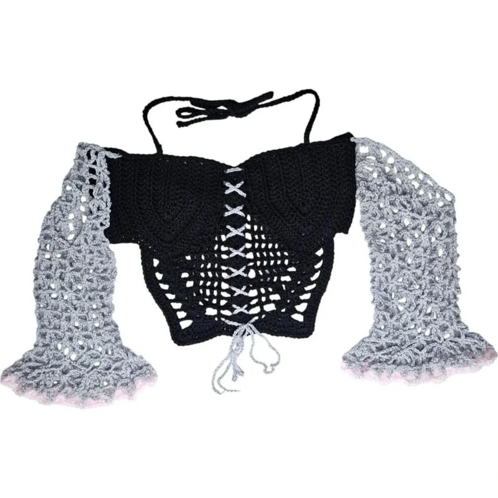 Handmade Crochet Corset Top with‎ Flared Sleeves – Black & Grey Coquette Style